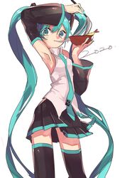  2020 aqua_eyes aqua_hair aqua_nails aqua_necktie armpits arms_up bare_shoulders black_skirt black_sleeves black_thighhighs bowl chopsticks commentary contrapposto cowboy_shot detached_sleeves eating female food hair_ornament hatsune_miku highres holding holding_bowl holding_chopsticks long_hair looking_at_viewer miniskirt nail_polish naruto_maki necktie noodles pleated_skirt see-through see-through_sleeves shirt shrimp shrimp_tempura skirt sleeveless sleeveless_shirt soba solo standing tempura thighhighs twintails very_long_hair vocaloid white_background white_shirt zettai_ryouiki 