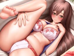  bare_legs barefoot belly blue_shirt bra breasts brown_eyes brown_hair closed_mouth clothes_lift commentary_request couch etsunami_kumita feet female gift grabbing_own_thigh hair_between_eyes highres indoors long_hair looking_at_viewer lying navel on_back original panties pink_bra pink_panties plump shirt shirt_lift smile soles solo thighs toes underwear 