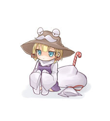  absurdres bag blonde_hair blue_eyes blunt_bangs candy candy_cane chibi commentary_request facial_hair female food hair_ribbon hat highres jitome knees_to_chest knees_up long_sleeves moriya_suwako moustache pyonta ribbon sad shiki_karin simple_background sleeves_past_fingers sleeves_past_wrists solo touhou vest white_background wide_sleeves 