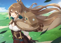  belt blue_sky blush bow breasts brown_belt brown_bow brown_cloak brown_corset brown_eyes brown_gloves brown_hair cleavage cloak cloud commentary corset dagger english_commentary feather_hair_ornament feathers female friend_(nanashi_mumei) gloves hair_ornament hairclip hieroglyphics highres hololive hololive_english hood hooded_cloak knife landscape leaf long_hair medium_breasts mirai_(mirai76_) multicolored_hair nanashi_mumei nanashi_mumei_(1st_costume) outdoors partially_fingerless_gloves ponytail runes sheath sheathed shirt sky smile solo streaked_hair twitter_username very_long_hair virtual_youtuber weapon white_shirt 