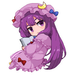  book bow capelet chibi commentary_request crescent dress female frills hat kani_nyan long_hair looking_at_viewer lowres mob_cap open_book patchouli_knowledge pixel_art purple_eyes purple_hair solo touhou 