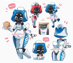  2022 anthro anthrofied apron bakuatsukiyu bellabot clothed clothing duo felid feline female food front_view ihop jollibee jollibot machine mammal meow pancake pudu_robotics rear_view robot screen screen_face solo_focus standing waiter 