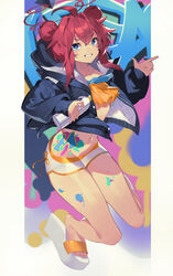  absurdres alternate_costume blue_archive blue_eyes can commentary_request double_bun female graffiti grin hair_between_eyes hair_bun halo highres holding holding_can hood hooded_sweater jacket knees_together_feet_apart ktr_(tpun2553) long_hair long_sleeves looking_at_viewer maki_(blue_archive) navel open_clothes open_jacket red_hair sandals sidelocks smile solo spray_can stomach stomach_tattoo sweater sweater_jacket tattoo toes v-shaped_eyebrows 