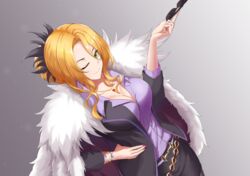  ;) bad_id bad_pixiv_id belt black_jacket black_skirt blazer blonde_hair bracelet breasts christina_(princess_connect!) christina_(real)_(princess_connect!) cleavage closed_mouth coat collared_shirt dress_shirt dutch_angle female formal fur_coat gradient_background hair_between_eyes hair_ornament hand_on_own_hip highres holding holding_removed_eyewear jacket jacket_on_shoulders jewelry large_breasts long_hair long_sleeves looking_at_viewer loose_belt miniskirt necklace one_eye_closed parted_bangs ponytail princess_connect! purple_nails purple_shirt saha_rei shirt simple_background skirt skirt_suit smile solo suit sunglasses unworn_eyewear white_shirt 