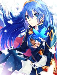  armor bad_id bad_pixiv_id blue_butterfly blue_eyes blue_footwear blue_gloves blue_hair blue_pants boots bug butterfly cape closed_mouth female fingerless_gloves fire_emblem fire_emblem_awakening floating_hair gloves hair_between_eyes hairband long_hair looking_at_viewer lucina_(fire_emblem) pants red_cape shoulder_armor sitting smile solo thigh_boots thighhighs tida_2112 very_long_hair white_background white_butterfly yellow_hairband 