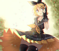  black_bow black_dress black_gloves black_legwear black_sailor_collar blonde_hair blurry blurry_background bow chromatic_aberration collared_dress commentary cowboy_shot dress female fingerless_gloves food fruit gloves hair_ornament hairbow hairclip hand_up index_finger_raised kagamine_rin mikumikudance neckerchief pleated_dress rollisy sailor_collar short_hair sour_model_(mikumikudance) swept_bangs thighhighs vocaloid yellow_eyes yellow_neckerchief zettai_ryouiki 