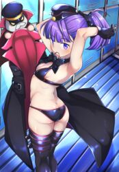  armpits arms_behind_head arms_up ass bare_shoulders bikini black_bikini black_bow black_coat black_footwear black_headwear boots bow breasts coat collarbone colonel_olcott_(fate) fate/grand_order fate_(series) female garrison_cap hairbow hat helena_blavatsky_(fate) helena_blavatsky_(swimsuit_archer)_(fate) helena_blavatsky_(swimsuit_archer)_(third_ascension)_(fate) highres locker locker_room looking_at_viewer looking_back pechimaru ponytail purple_eyes purple_hair short_hair short_ponytail small_breasts swimsuit thigh_boots thighhighs thighs tying_hair unworn_coat 