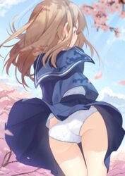  ass blue_shirt blue_skirt blush brown_eyes brown_hair cherry_blossoms embarrassed female from_behind highres ina_(inadahime) long_hair original outdoors panties pantyshot petals school_uniform serafuku shirt skirt solo thigh_gap thighs tree underwear white_panties wind wind_lift 