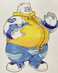  2022 96_gatefield anthro bear belly big_belly biped black_nose bottomwear clothing cute_fangs hi_res humanoid_hands kemono male mammal obese obese_male overweight overweight_male pants polar_bear simple_background solo ursine white_body 