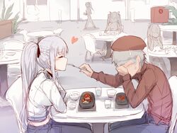  1boy 4girls ak-12_(girls&#039;_frontline) beret braid chair closed_eyes commander_(girls&#039;_frontline) commentary cup drink feeding food fork french_braid girls&#039;_frontline grey_hair hair_ribbon hat heart highres holding holding_fork hourai_kochou long_hair looking_at_another multiple_girls ponytail red_headwear ribbon sharing_food sitting straight sweatdrop table 