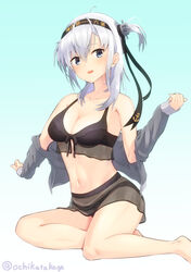  :d bare_shoulders barefoot bikini black_bikini black_headband blue_background blue_eyes breasts cleavage clothes_writing feet_out_of_frame female gradient_background grey_sweater hachimaki hair_between_eyes headband highres kantai_collection long_hair looking_at_viewer medium_breasts midriff navel ochikata_kage one_side_up open_mouth seiza simple_background sitting smile solo suzutsuki_(kancolle) suzutsuki_(swimsuit_mode)_(kancolle) sweater swimsuit white_hair 