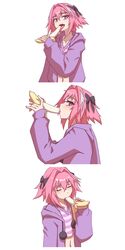  1boy absurdres androgynous astolfo_(fate) astolfo_(memories_at_trifas)_(fate) banana banana_peel black_bow bow braid crop_top crossdressing fate/apocrypha fate/grand_order fate_(series) food fruit hair_ribbon hej_(mugmnm51) highres hood hoodie jacket long_braid long_hair long_sleeves looking_at_viewer male_focus multicolored_hair navel official_alternate_costume open_mouth otoko_no_ko pink_hair purple_eyes purple_hoodie purple_jacket ribbon shirt single_braid smile streaked_hair striped_clothes striped_shirt 