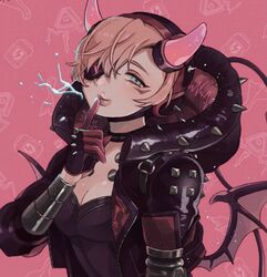  animification apex_legends black_bodysuit black_gloves black_headwear black_jacket blush bodysuit breasts cable cleavage cyber_punked_wattson eyepatch female gloves highres hood hooded_jacket horns jacket looking_to_the_side medium_breasts official_alternate_costume one_eye_covered pink_hair shimijimi solo spiked_gloves spiked_jacket wattson_(apex_legends) wings 