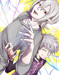  2boys dabu_(dabuchan) grey_hair grey_shirt hair_between_eyes highres jacket kemono_jihen long_sleeves male_focus mihai_florescu multiple_boys open_mouth pointy_ears purple_jacket red_eyes sharp_teeth shirt silk smile spider_web tademaru_shiki teeth tongue tongue_out 