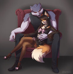  anthro black_hair bottomwear canid canine canis claws clothed clothing collar cynthia_saito digital_drawing_(artwork) digital_media_(artwork) digital_painting_(artwork) duo female footwear fox fur furniture furrholic grey_body grey_fur hair high_heels inner_ear_fluff lace lace_stockings legwear looking_at_viewer male male/female mammal michael_(collarspider) mythological_canine mythological_creature mythology on_sofa orange_body orange_fur ribbons sitting sitting_on_sofa sitting_together skirt smile smiling_at_viewer sofa stockings translucent translucent_clothing tuft were werecanid werecanine werewolf wolf yellow_eyes 