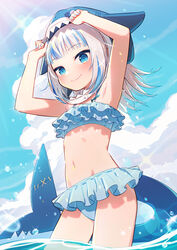  animal_hood armpits bikini blue_bikini blue_hair blue_sky closed_mouth cloud commentary day female fins fish_tail frilled_bikini frills gawr_gura grey_hair highres hololive hololive_english hood looking_at_viewer multicolored_hair nail_polish navel partially_submerged shark_hood shark_tail sky smile solo swimsuit tail two-tone_hair uchako virtual_youtuber water 