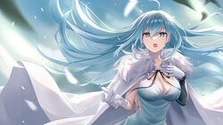  ahoge aqua_eyes aqua_hair blue_dress breasts cape cleavage commentary dress elbow_gloves facing_viewer female fur_cape gloves hand_on_own_chest long_hair music open_mouth sebu_illust singing single_elbow_glove solo upper_body vivy vivy:_fluorite_eye&#039;s_song white_cape white_gloves 