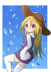  :o absurdres alternate_hair_length alternate_hairstyle blonde_hair blush border brown_eyes bubble commentary_request female hair_between_eyes hat highres long_hair long_sleeves looking_at_viewer looking_back moriya_suwako outside_border parted_lips shiki_karin skirt solo thighhighs touhou very_long_hair water_drop white_border white_thighhighs zettai_ryouiki 