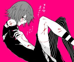  1boy awara_kayu blood commentary_request dress from_side hair_ornament hand_up knees_up looking_at_viewer male_focus nail_polish pink_background pink_nails roman_numeral sad short_hair sideways_glance simple_background solo stitches striped suzuya_juuzou tokyo_ghoul tokyo_ghoul:re torn_clothes torn_dress translation_request 