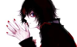  1boy awara_kayu black_hair black_shirt blue_eyes commentary_request fingers_together from_side hair_ornament hairclip jewelry looking_at_viewer male_focus multicolored_eyes own_hands_together palms_together red_eyes red_nails ring shirt short_hair simple_background smile solo stitches suzuya_juuzou tokyo_ghoul tokyo_ghoul:re upper_body white_background x_hair_ornament 