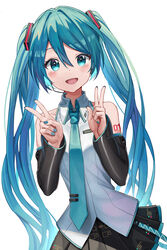  :d aqua_eyes aqua_hair aqua_nails aqua_necktie bare_shoulders bib_(bibboss39) black_skirt black_sleeves blush commentary detached_sleeves double_v female hair_between_eyes hair_ornament hatsune_miku hatsune_miku_(vocaloid3) headphones headset highres long_hair looking_at_viewer miniskirt nail_polish necktie open_mouth pleated_skirt shirt shoulder_tattoo simple_background skirt sleeveless sleeveless_shirt smile solo tattoo twintails v very_long_hair vocaloid white_background white_shirt 