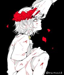  2boys awara_kayu bell big_madame_(tokyo_ghoul) black_background black_choker black_nails blood blood_on_face bracelet choker commentary_request feet_out_of_frame flower from_side hair_flower hair_ornament jewelry knees_up male_focus multiple_boys neck_bell otoko_no_ko petals red_flower short_hair short_sleeves simple_background solo_focus spoilers spot_color suzuya_juuzou tokyo_ghoul tokyo_ghoul:re 