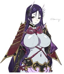  armlet black_gloves bodysuit breasts chuzenji covered_navel curvy fate/grand_order fate_(series) female gloves highres large_breasts long_hair minamoto_no_raikou_(fate) parted_bangs purple_bodysuit purple_eyes purple_hair ribbed_sleeves rope smile solo upper_body very_long_hair 