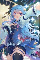  artist_name blue_eyes blue_hair blush commentary_request crown female gloves hair_ornament hair_ribbon high_heels highres hololive hoshimachi_suisei hoshimachi_suisei_(stellar_into_the_galaxy) idol juliet_sleeves long_hair long_sleeves looking_at_viewer mini_crown o-ring o-ring_thigh_strap official_alternate_costume official_alternate_hair_length official_alternate_hairstyle open_mouth puffy_sleeves ribbon single_glove single_thighhigh solo star_(symbol) star_hair_ornament star_in_eye symbol_in_eye thigh_strap thighhighs virtual_youtuber waka_ryou 