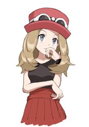  bad_id bad_twitter_id breasts brown_hair collared_shirt commentary_request eyewear_on_headwear female grey_eyes hat high-waist_skirt highres koniko_(525lj) long_hair mega_ring pink_hat pokemon pokemon_xy red_skirt serena_(pokemon) shirt simple_background skirt sleeveless sleeveless_shirt solo sunglasses white-framed_eyewear white_background 