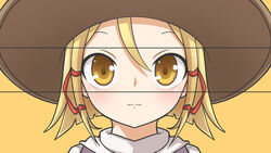  :3 absurdres blonde_hair blush commentary_request female hair_between_eyes hair_ribbon hat highres looking_at_viewer moriya_suwako portrait ribbon shiki_karin short_hair simple_background solo touhou yellow_background yellow_eyes 