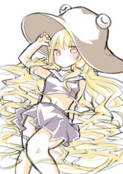  :/ absurdres blonde_hair blush closed_mouth commentary_request expressionless feet_out_of_frame female hat highres knees_together_feet_apart long_hair looking_at_viewer lying midriff moriya_suwako navel shiki_karin shirt skirt solo touhou very_long_hair yellow_eyes 