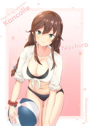  alternate_costume ball beachball bikini black_bikini braid breasts brown_hair character_name cleavage collarbone copyright_name female gradient_background green_eyes highres holding holding_ball holding_beachball kantai_collection large_breasts looking_at_viewer midriff navel noshiro_(kancolle) ochikata_kage pink_background red_scrunchie scrunchie shirt simple_background smile solo swept_bangs swimsuit tied_shirt twin_braids white_shirt wrist_scrunchie 