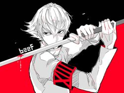  1boy armband awara_kayu black_armband black_background blood blood_on_weapon commentary_request hair_between_eyes hands_up holding holding_sword holding_weapon katana long_sleeves male_focus red_armband red_background short_hair simple_background solo sword tamaki_mizurou tokyo_ghoul tokyo_ghoul:re upper_body weapon 