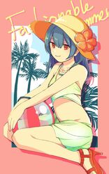  ball beachball bikini black_hair blush border bracelet breasts cloud cloudy_sky collarbone female flower green_bikini hat highres idolmaster idolmaster_shiny_colors jewelry looking_at_viewer morino_rinze navel necklace niyororinpayamaru outside_border palm_tree pink_border polka_dot polka_dot_bikini red_eyes short_hair sitting sky small_breasts smile solo straw_hat swimsuit text_background tree wariza 