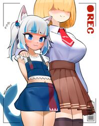  2girls :3 @_@ animal_ear_fluff animal_ears artist_name battery_indicator blonde_hair blue_eyes blue_hair blue_skirt blush breasts brown_skirt cat_ears collared_shirt commentary covered_eyes english_commentary faceless faceless_female fins fish_tail flat_chest full-face_blush gawr_gura gawr_gura_(casual) grey_hair hair_over_eyes highres hololive hololive_english large_breasts looking_down midriff miniskirt multicolored_hair multiple_girls navel nervous recording shaded_face shark_tail shirt shirt_tucked_in side_ponytail skirt smile streaked_hair tail tented_shirt thighhighs virtual_youtuber watson_amelia watson_amelia_(1st_costume) white_shirt wllmagic zettai_ryouiki 