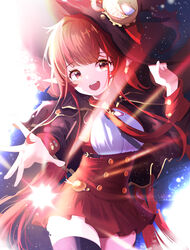  :d absurdres ahr_tato black_hat black_thighhighs buttons commentary cowboy_shot dungeon_and_fighter female female_mage_(dungeon_and_fighter) hat highres long_hair looking_at_viewer mage_(dungeon_and_fighter) magician open_mouth pointy_ears reaching reaching_towards_viewer red_eyes red_hair red_skirt sidelocks skirt smile solo standing symbol-only_commentary teeth thighhighs upper_teeth_only very_long_hair witch_(dungeon_and_fighter) 