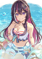  azki_(hololive) belt bikini bikini_under_clothes bikini_under_shorts blue_shorts breasts brown_hair cleavage colored_inner_hair female highleg highleg_bikini highres hololive hololive_summer_2023_swimsuit large_breasts looking_at_viewer md5_mismatch multicolored_hair navel nishiwaki open_fly pink_hair purple_hair red_bikini short_shorts shorts smile solo striped_bikini striped_clothes swimsuit thigh_strap virtual_youtuber wading water white_belt 