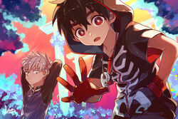  2boys :o arms_up black_hair black_hoodie charm_(object) gloves grey_hair hair_between_eyes hand_in_pocket highres hood hoodie kemono_jihen koe_(mixpi) kusaka_kabane looking_at_viewer male_focus multiple_boys red_eyes red_gloves short_sleeves signature tademaru_shiki zipper 