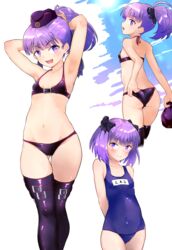  absurdres armpits arms_behind_head arms_up ass back bare_shoulders bikini black_bikini blue_one-piece_swimsuit blush breasts closed_mouth collarbone fate/grand_order fate_(series) female garrison_cap hat helena_blavatsky_(fate) helena_blavatsky_(swimsuit_archer)_(fate) helena_blavatsky_(swimsuit_archer)_(first_ascension)_(fate) helena_blavatsky_(swimsuit_archer)_(third_ascension)_(fate) highres looking_at_viewer looking_back multiple_views navel one-piece_swimsuit open_mouth pechimaru ponytail purple_eyes purple_hair school_swimsuit small_breasts smile swimsuit thighhighs thighs 