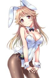  alternate_costume animal_ears black_bow black_bowtie bow bowtie braid breasts brown_eyes brown_hair brown_pantyhose cleavage commentary_request detached_collar female high_school_fleet leotard long_hair looking_at_viewer medium_breasts nonbe nosa_kouko pantyhose playboy_bunny rabbit_ears rabbit_tail simple_background smile solo tail twin_braids white_background white_leotard wrist_cuffs 