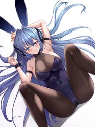  :3 animal_ears arm_behind_head arm_strap armpits ass azur_lane bare_shoulders black_pantyhose blue_eyes blue_hair blue_leotard bodystocking breasts cleavage fake_animal_ears female from_above hair_spread_out headgear highres large_breasts leotard long_hair lying m_legs nail_polish new_jersey_(azur_lane) new_jersey_(exhilarating_steps!)_(azur_lane) official_alternate_costume on_back pantyhose playboy_bunny rabbit_ears see-through see-through_cleavage shenqi_(toid310) skin_tight solo strapless strapless_leotard taut_clothes very_long_hair white_background white_nails wrist_cuffs 