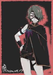  absurdres bandaged_arm bandages black_cape black_jumpsuit brown_eyes cape cinder_fall closed_mouth colored_skin contrapposto cowboy_shot dated eyepatch female grey_hair grey_skin hand_on_own_hip highres jumpsuit limited_palette looking_at_viewer rwby shiny_skin short_hair short_shorts shorts smile solo standing tatsuta_shin&#039;ichi thigh_strap 