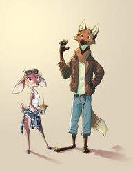  2018 anthro barefoot bottomwear brown_body brown_fur canid canine cheek_tuft clothed clothing deer duo eyewear facial_tuft feet female fully_clothed fur gesture head_tuft hi_res hotpants light lighting male mammal maned_wolf new_world_deer pudu shadow shirt shorts standing sunglasses tank_top topwear tuft vulpesvant waving 