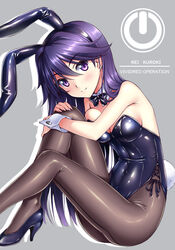  animal_ears black_bow black_bowtie black_footwear black_leotard black_pantyhose bow bowtie character_name commentary_request copyright_name detached_collar female grey_background high_heels highleg highleg_leotard kuroki_rei leotard looking_at_viewer nonbe pantyhose playboy_bunny power_symbol purple_eyes purple_hair rabbit_ears rabbit_tail sitting smile solo strapless strapless_leotard tail vividred_operation wrist_cuffs 