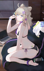  :q aa-12_(girls&#039;_frontline) aa-12_(smokeless_lollipop)_(girls&#039;_frontline) ahoge ass bandaid bandaid_on_leg bare_arms bare_legs bare_shoulders barefoot between_fingers between_legs bikini blue_eyes blush breasts candy cellphone chinese_commentary closed_mouth commentary_request computer cone_hair_bun cushion double_bun earrings feet female fingernails food from_side full_body girls&#039;_frontline grey_hair hair_bun hair_ornament hairclip hand_between_legs hand_up heart heart-shaped_pupils highres holding holding_food indoors jewelry laptop legs lollipop looking_at_viewer looking_to_the_side nail_polish nintendo_switch phone purple_nails purple_ribbon ribbon ru_zhai saliva saliva_trail shirt side-tie_bikini_bottom sitting small_breasts smartphone smile soles solo star_(symbol) star_earrings string_bikini swimsuit symbol-shaped_pupils toes tongue tongue_out two-tone_bikini unworn_shirt wariza white_shirt wooden_floor wristband x_hair_ornament 