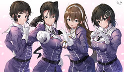  4girls absurdres ashigara_(kancolle) ashigara_kai_ni_(kancolle) belt belt_buckle black_belt black_hair breasts brown_eyes brown_hair buckle gegeron gloves haguro_(kancolle) haguro_kai_ni_(kancolle) hair_ornament hairband highres jacket juliet_sleeves kantai_collection long_hair long_sleeves medium_breasts military military_uniform multiple_girls myoukou_(kancolle) myoukou_kai_ni_(kancolle) nachi_(kancolle) nachi_kai_ni_(kancolle) ponytail puffy_sleeves purple_jacket short_hair signature smile tongue tongue_out uniform white_gloves white_hairband 