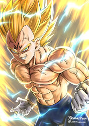  1boy 2094banana abs artist_name aura blonde_hair blue_pants dragon_ball dragon_ball_z electricity evil_smile facial_mark forehead_mark gloves highres large_pectorals majin_vegeta male_focus muscular muscular_male navel nipples pants pectorals short_hair smile solo spiked_hair super_saiyan super_saiyan_2 topless_male twitter_username vegeta white_gloves 