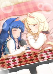  2girls animal_ears blonde_hair blue_hair bubble cat_ears cat_tail closed_eyes feline highres hosizora_mikoto idolmaster idolmaster_cinderella_girls kotatsu long_hair lying medium_hair multiple_girls on_side open_mouth pero_(idolmaster_cinderella_girls) sajo_yukimi sleeping table tail under_covers upper_body yusa_kozue 