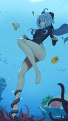  :o ? absurdres air_bubble bare_legs barefoot blue_hair blue_theme blush bodystocking bow bubble coral female fish freediving full_body ganyu_(genshin_impact) genshin_impact goat_horns hairbow highres holding_breath horns legs long_hair long_sleeves purple_eyes rou_(rou22) seaweed solo surprised swimming tentacle tentacle_grab thighs underwater 