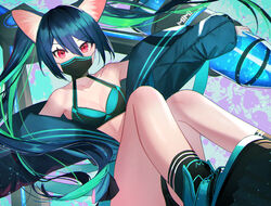  animal_ear_fluff animal_ears bare_legs bare_shoulders black_socks blue_footwear blue_hair blue_jacket blush breasts cleavage collarbone dolce_(dolsuke) female green_hair green_sports_bra hair_between_eyes highres jacket long_hair long_sleeves looking_at_viewer mask mouth_mask multicolored_hair off_shoulder open_clothes open_jacket original puffy_long_sleeves puffy_sleeves red_eyes shoes small_breasts sneakers socks solo sports_bra twintails two-tone_hair very_long_hair 